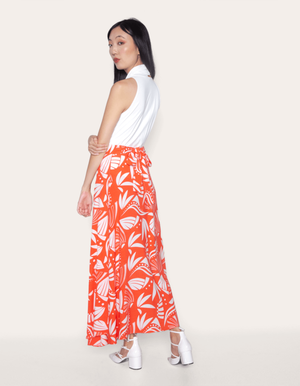 Saia longa transpassada estampada Fl etnico laranja