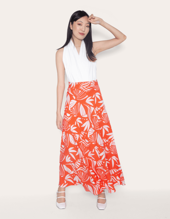 Saia longa transpassada estampada Fl etnico laranja