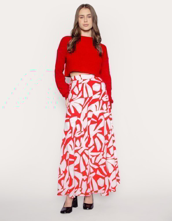 Saia longa transpassada estampada Fl etnico vermelho