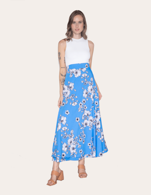Saia longa transpassada estampada Floral azul