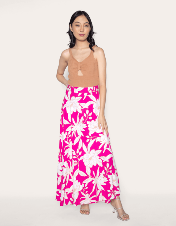Saia longa transpassada estampada Flores pink