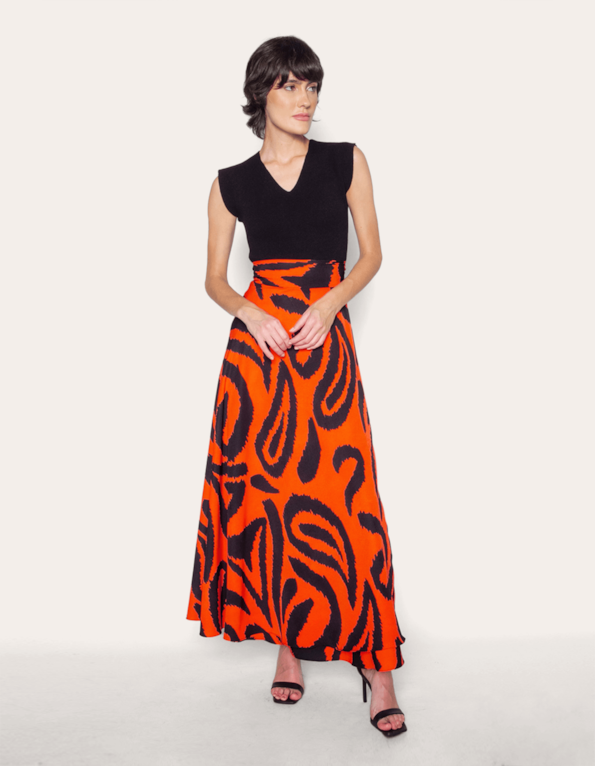 Saia longa transpassada estampada Laranja abst