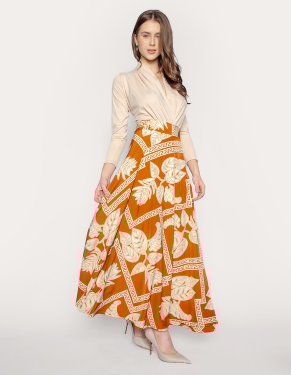 Saia longa transpassada estampada Marrom claro/off white