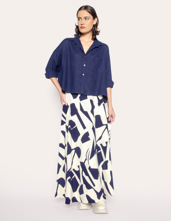 Saia longa transpassada estampada Off white/azul escuro