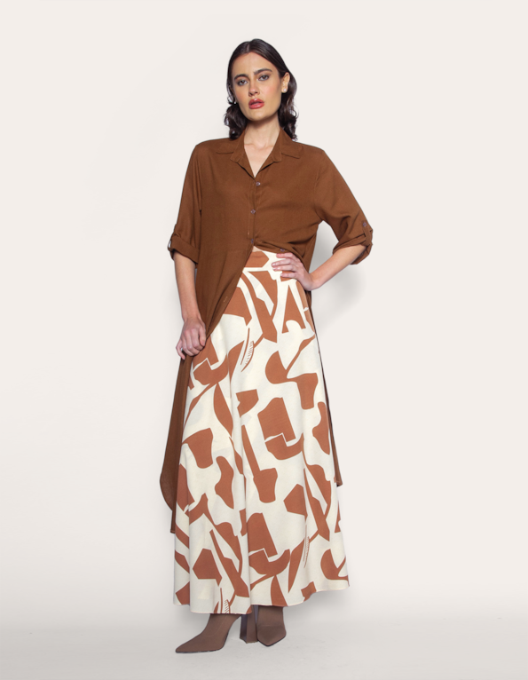 Saia longa transpassada estampada Off white/marrom