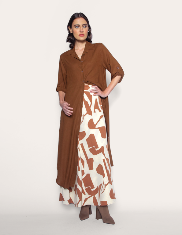 Saia longa transpassada estampada Off white/marrom