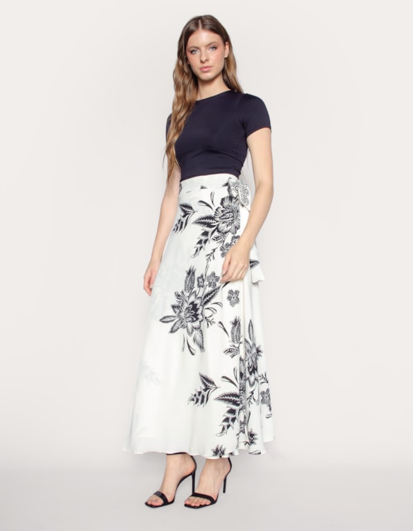Saia longa transpassada estampada Off white/preto