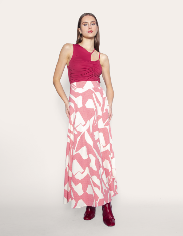 Saia longa transpassada estampada Off white/rosa