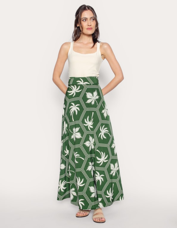 Saia longa transpassada estampada Oliva escuro/branco