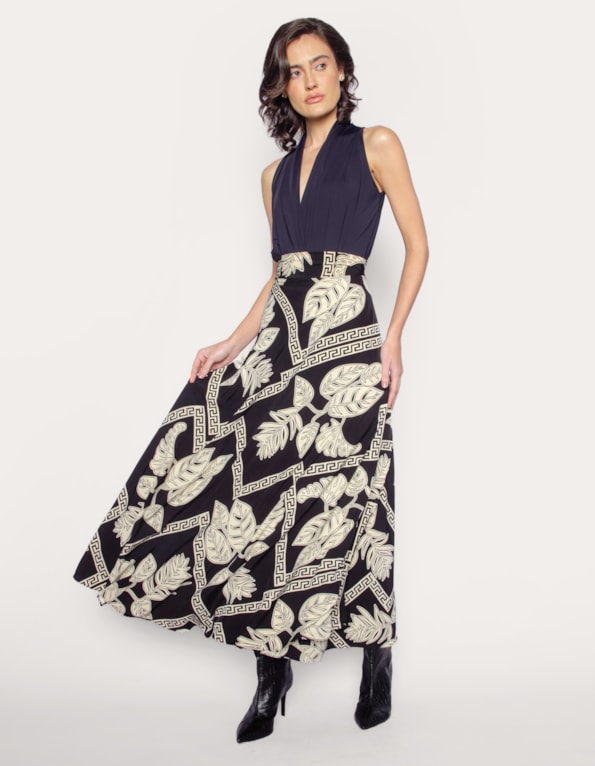 Saia longa transpassada estampada Preto a/off white