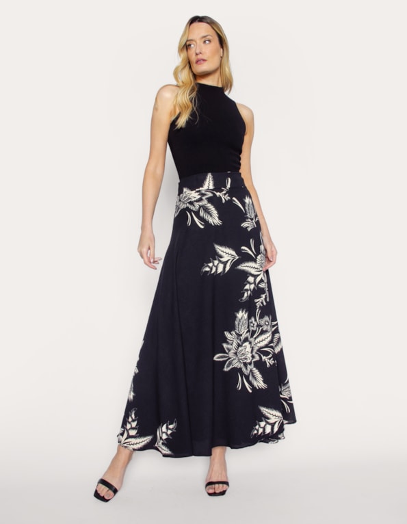 Saia longa transpassada estampada Preto/off white