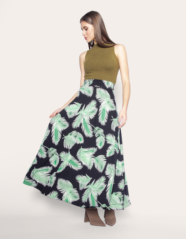 Saia longa transpassada estampada Preto/verde
