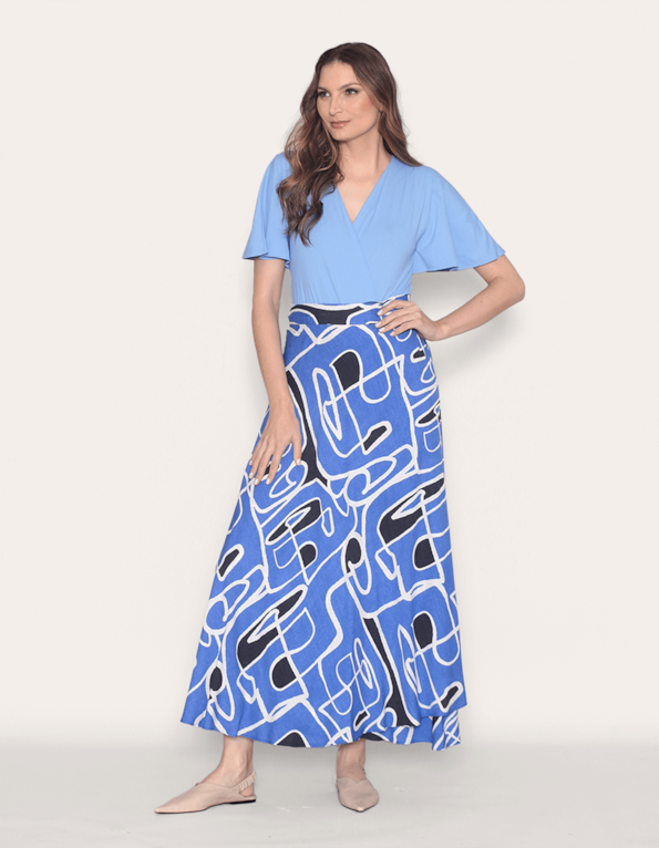 Saia longa transpassada estampada Rabisco royal