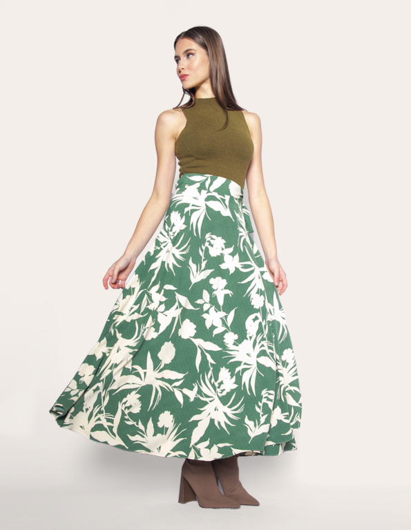 Saia longa transpassada estampada Verde/branco