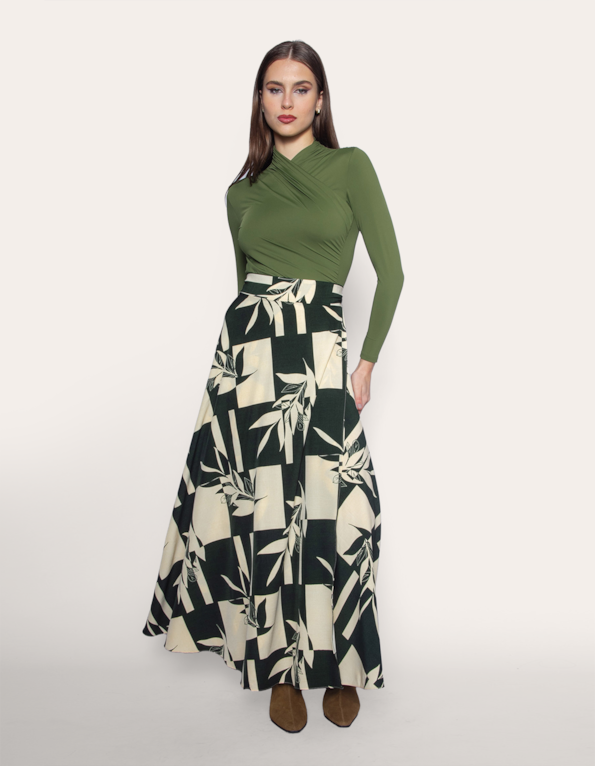 Saia longa transpassada estampada Verde escuro/off white