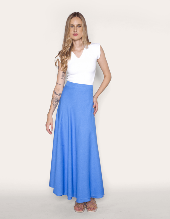 Saia longa transpassada linho Azul