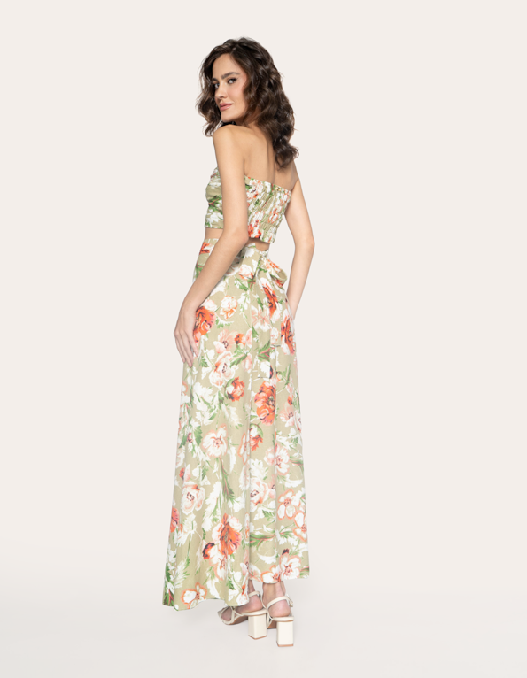 Saia longa transpassada linho blend estampada