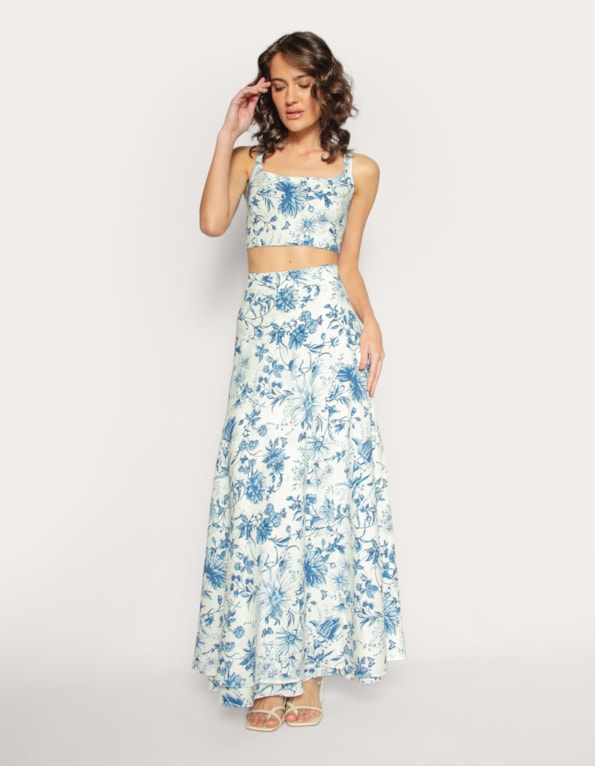 Saia longa transpassada linho blend estampada Off white/azul escuro
