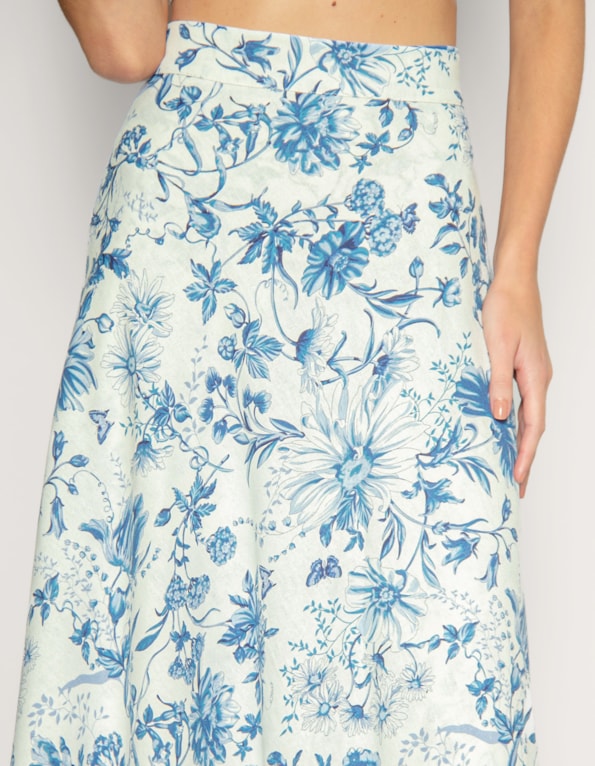 Saia longa transpassada linho blend estampada Off white/azul escuro