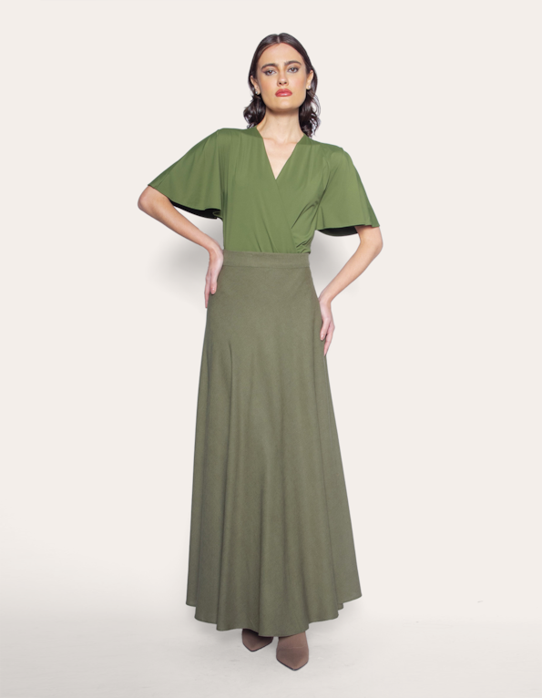 Saia longa transpassada linho Verde militar