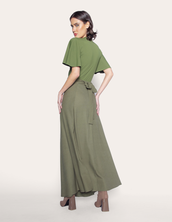 Saia longa transpassada linho Verde militar