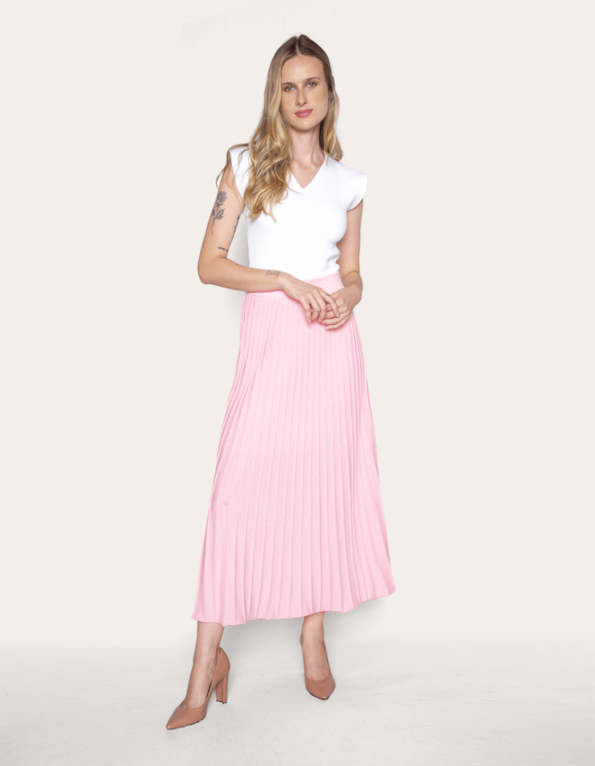 Saia longa tricot plissada. Rosa po