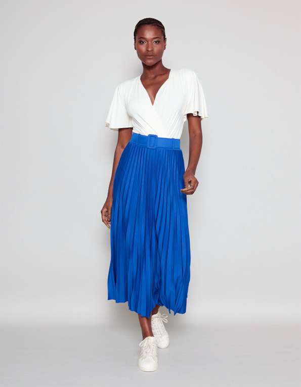 Saia maxi midi plissada com cinto