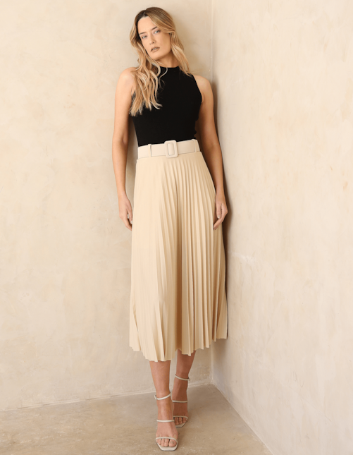 Saia maxi midi plissada com cinto Manteiga