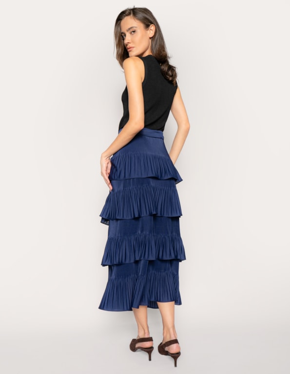 Saia midi camadas plissada Azul escuro