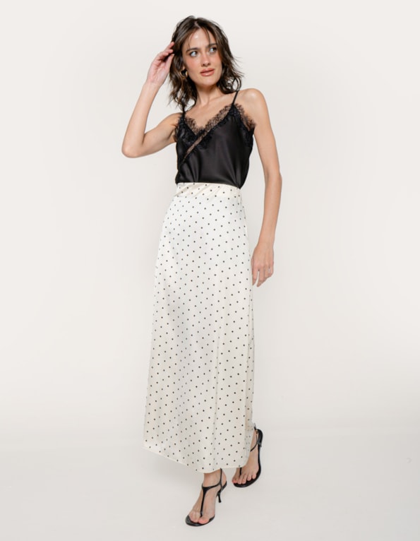 Saia midi cetim poa Off white/preto