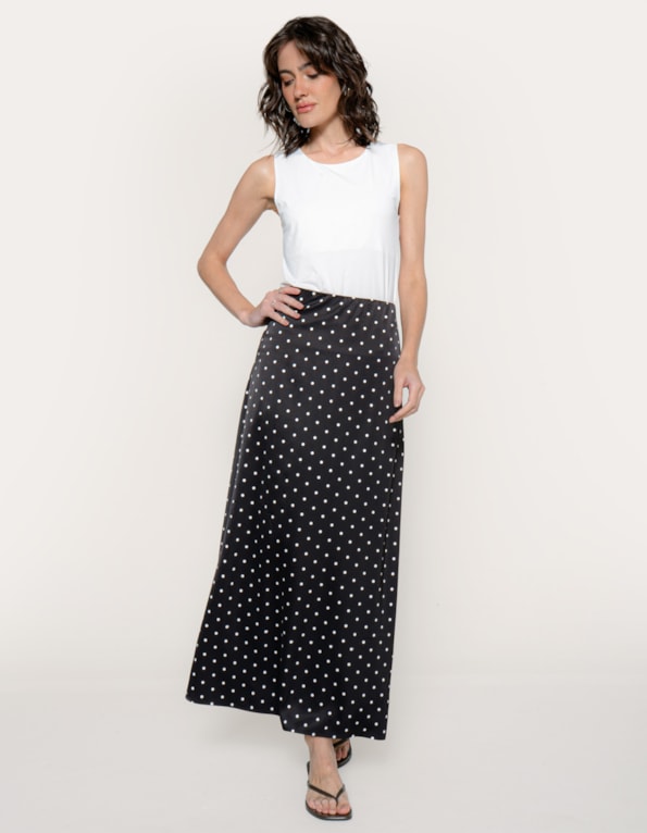 Saia midi cetim poa Preto/branco