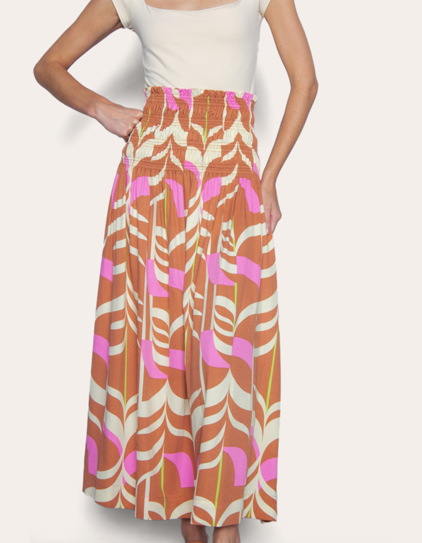 Saia midi cós elástico estampado Marrom/rosa