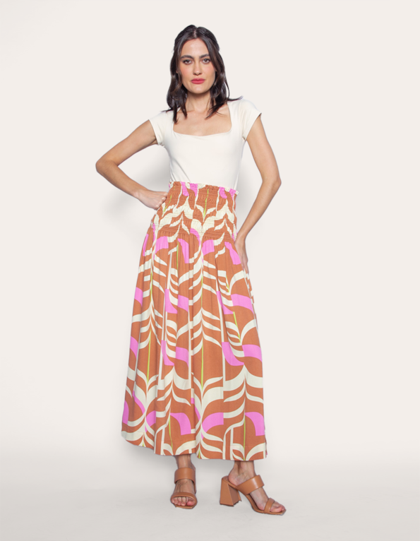 Saia midi cós elástico estampado Marrom/rosa