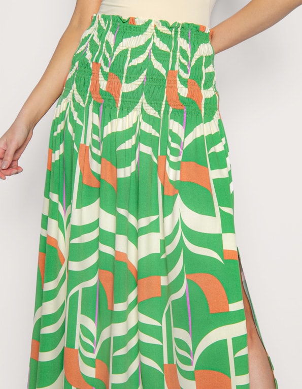 Saia midi cós elástico estampado Verde/marrom
