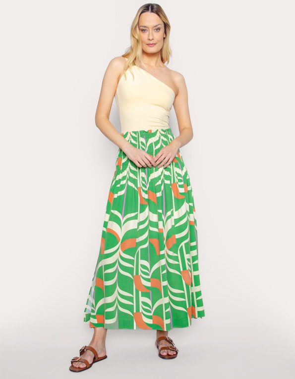 Saia midi cós elástico estampado Verde/marrom