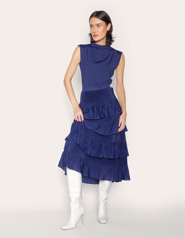 saia midi em camadas plissadas azul escuro