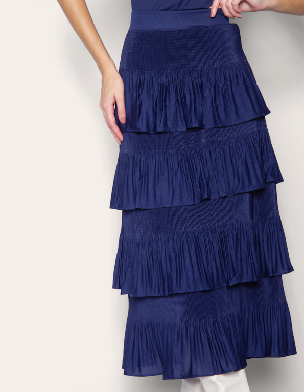 saia midi em camadas plissadas azul escuro