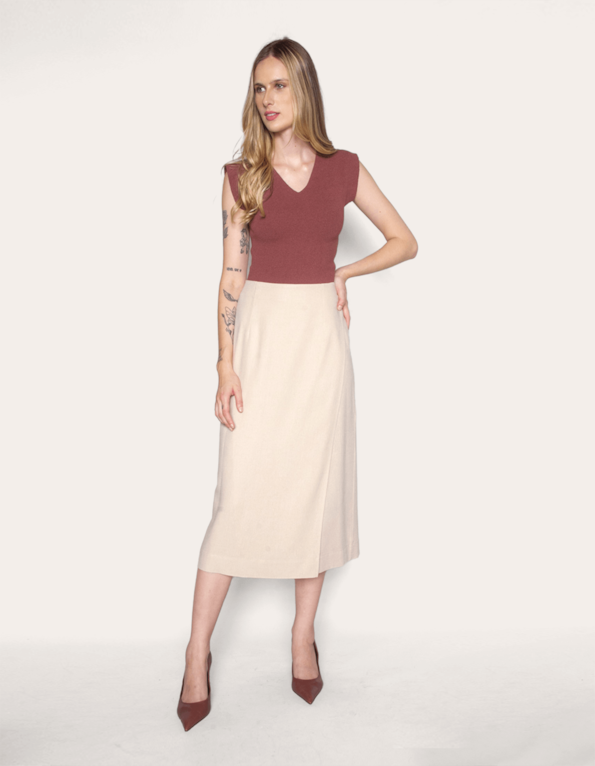 Saia midi envelope linho Bege ivory