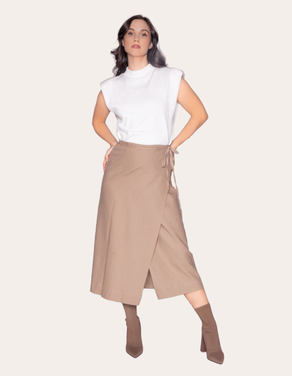 Saia midi envelope linho Camelo