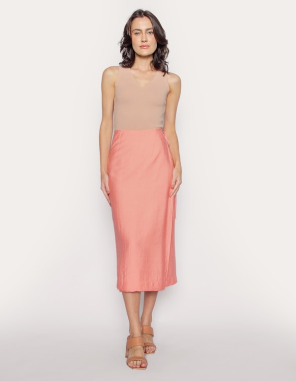 Saia midi envelope linho Rosa