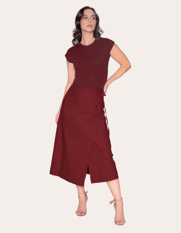 Saia midi envelope linho Vinho