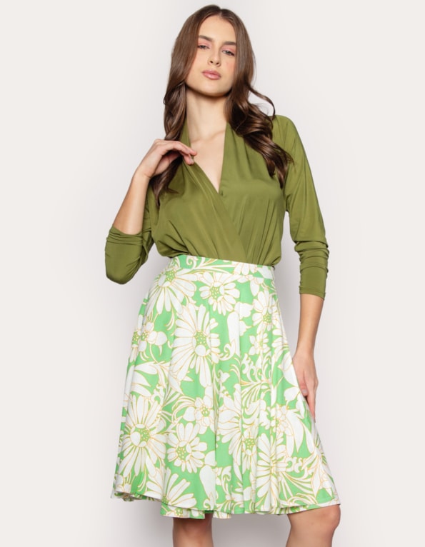 Saia midi godê transpassada estampada Verde cl/off