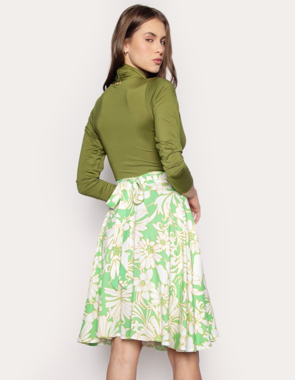 Saia midi godê transpassada estampada Verde cl/off