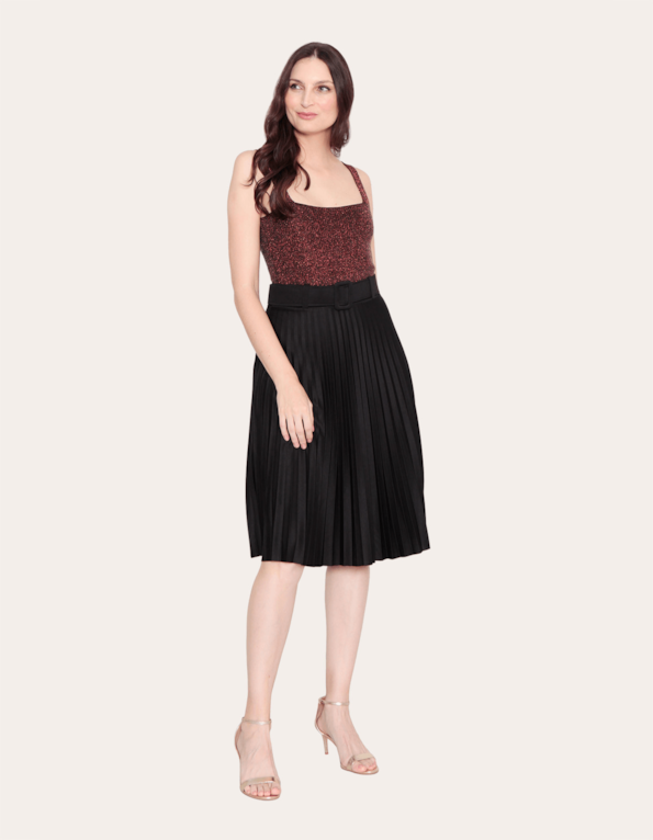 Saia midi plissada com cinto Preto