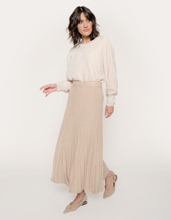 Saia midi tricot canelado Bege claro