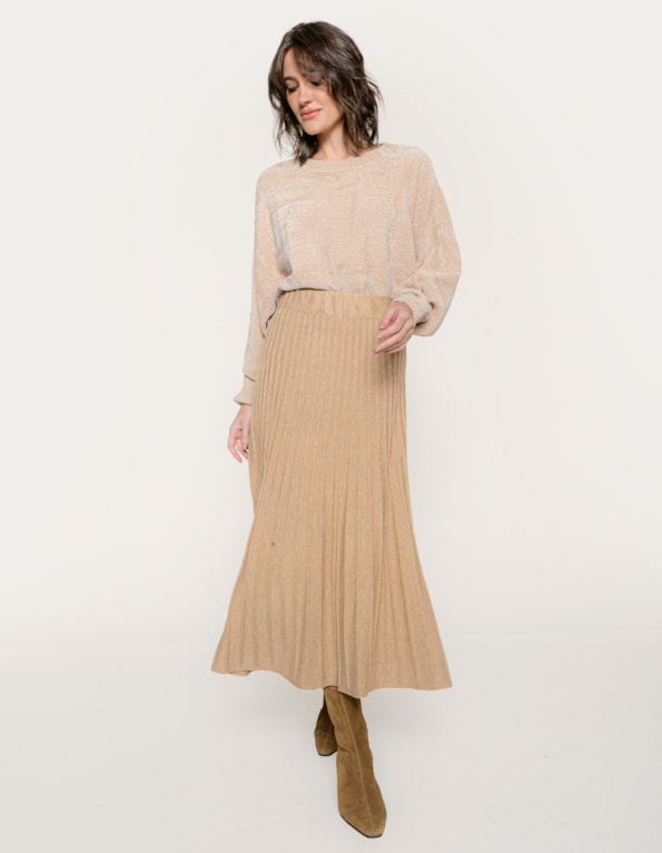 Saia midi tricot canelado Bege medio