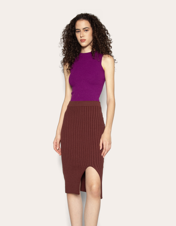 Saia midi tricot canelado Marrom