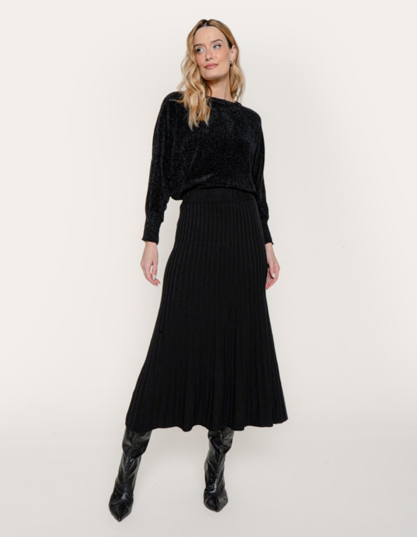 Saia midi tricot canelado Preto