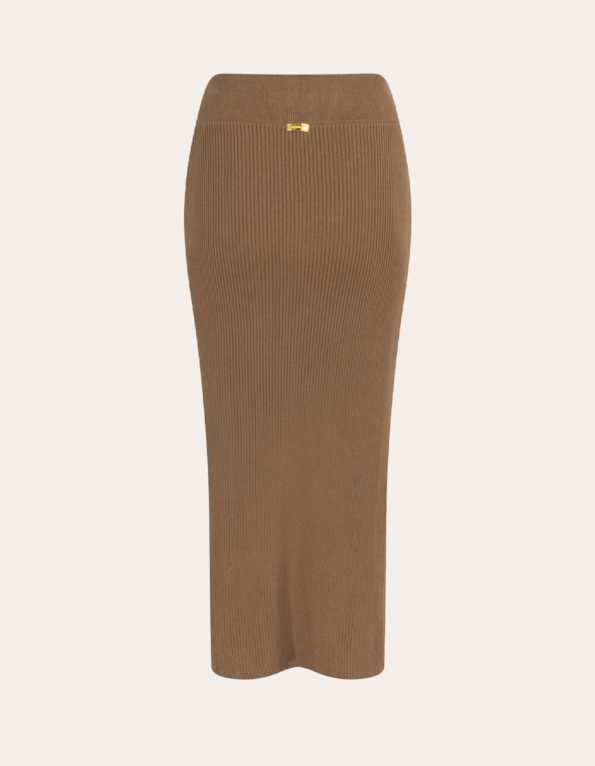 Saia midi tricot com fenda e faixa