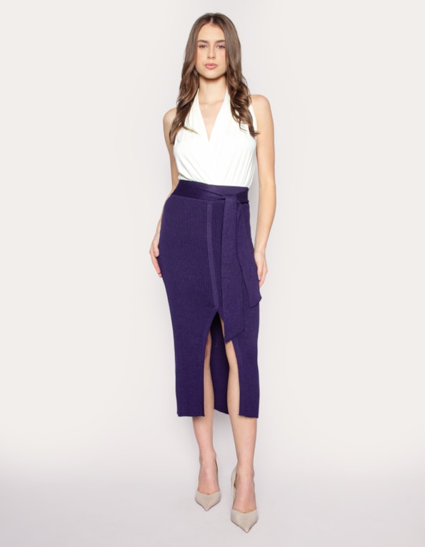 Saia midi tricot com fenda e faixa Marinho